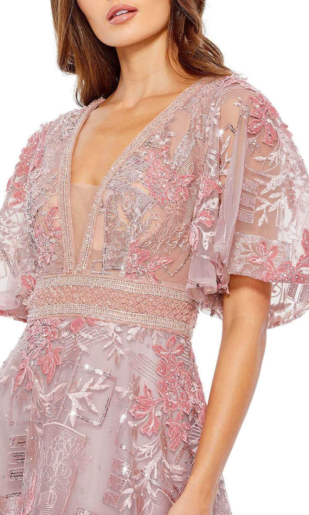 20262 Plunging Neck Flutter Embellished Gown