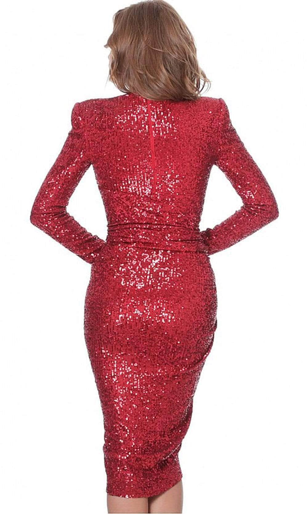 04257 Plunging V Neck Full Sequins Fitted Cocktail Dress