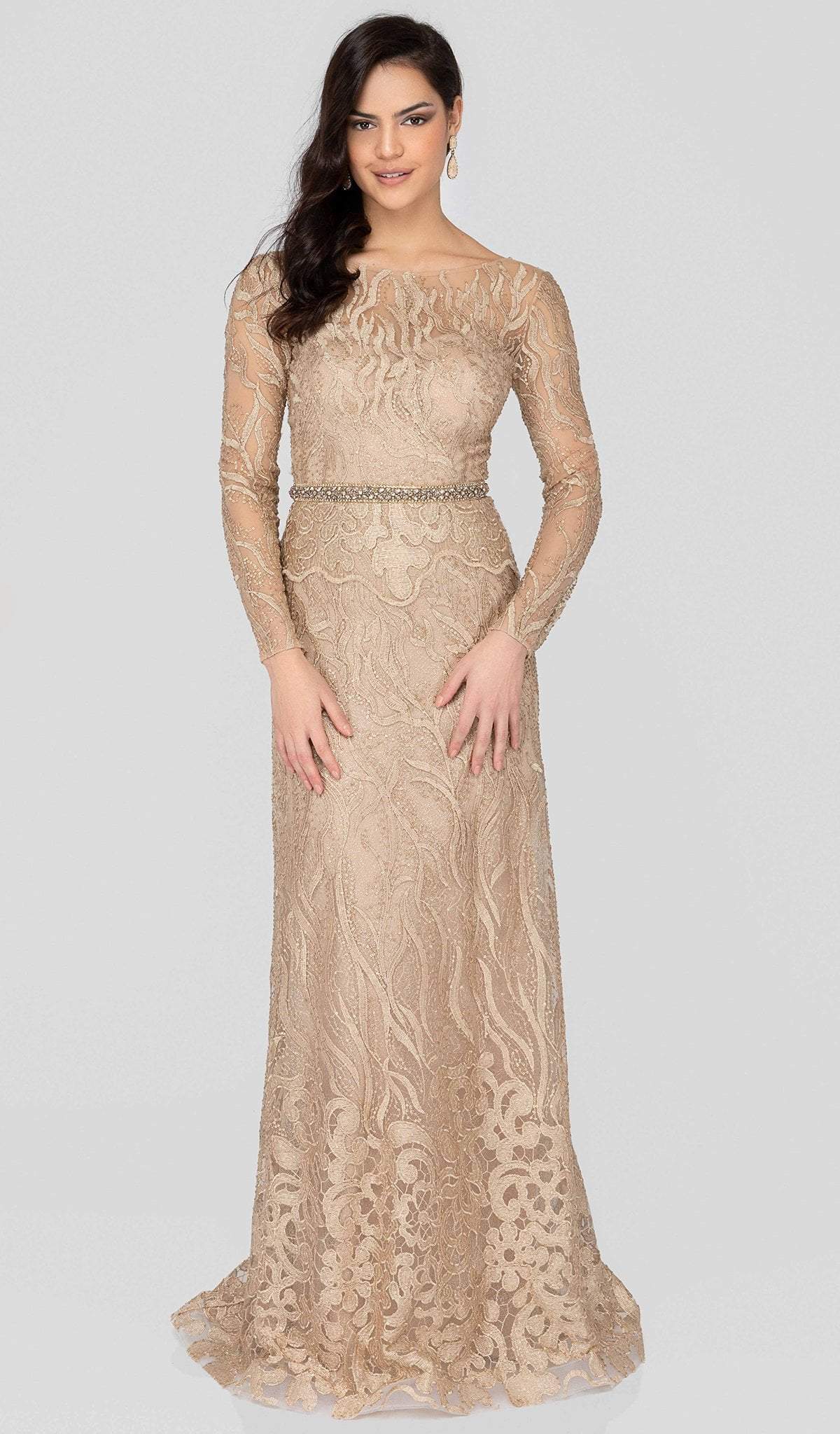 1913E9229 Embellished Lace Long Sleeve A-line Dress