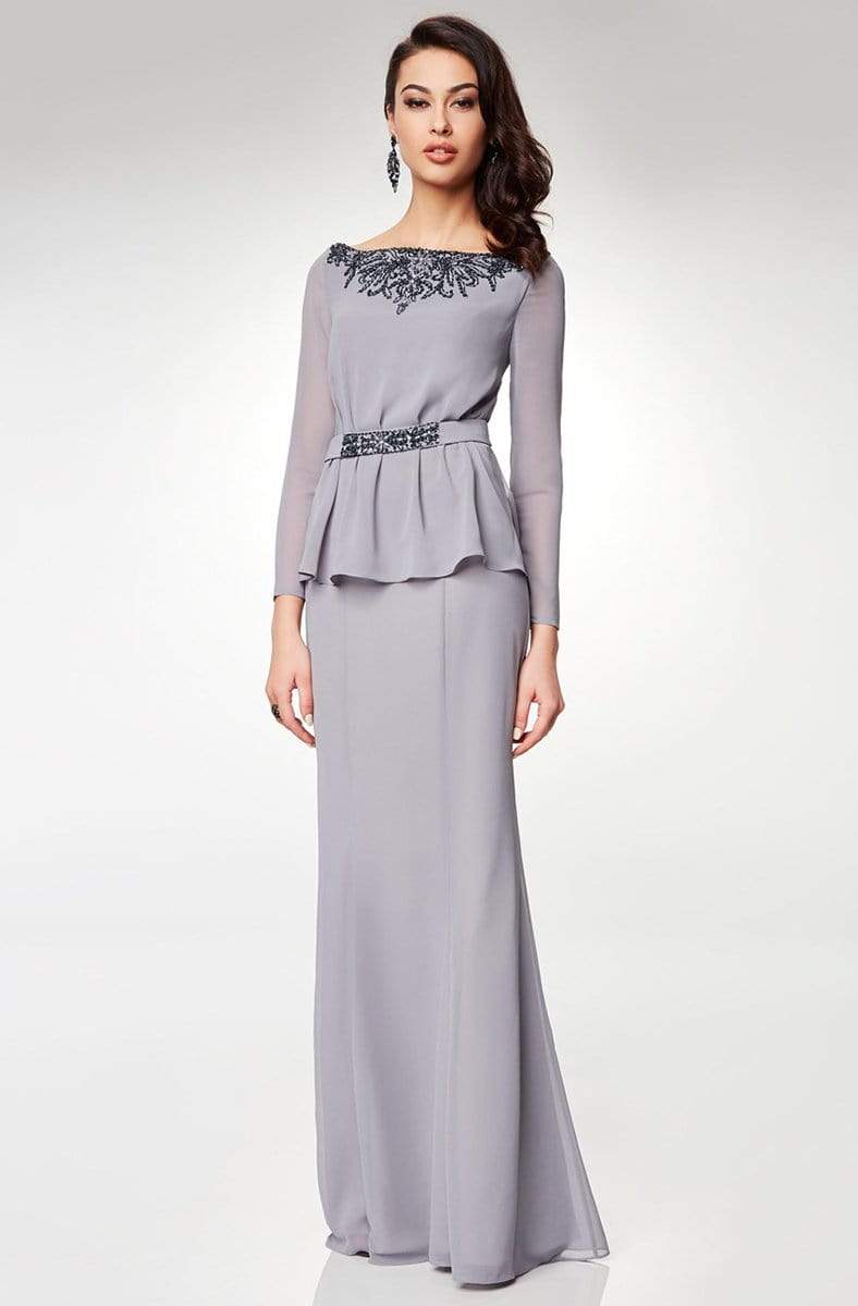M6538 Beaded Embellished Neckline Long Sleeve Formal Dress