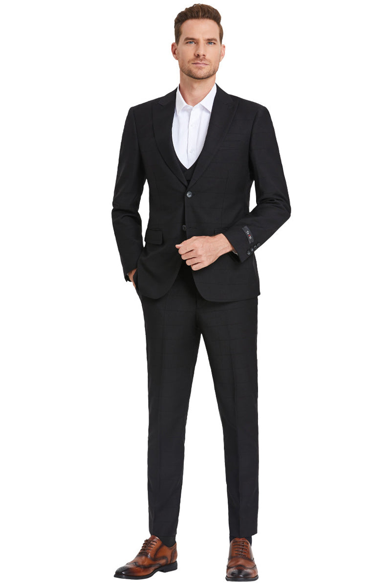 Men’s Two Button Vested Peak Lapel Sharkskin Suit in Black Windowpane Plaid