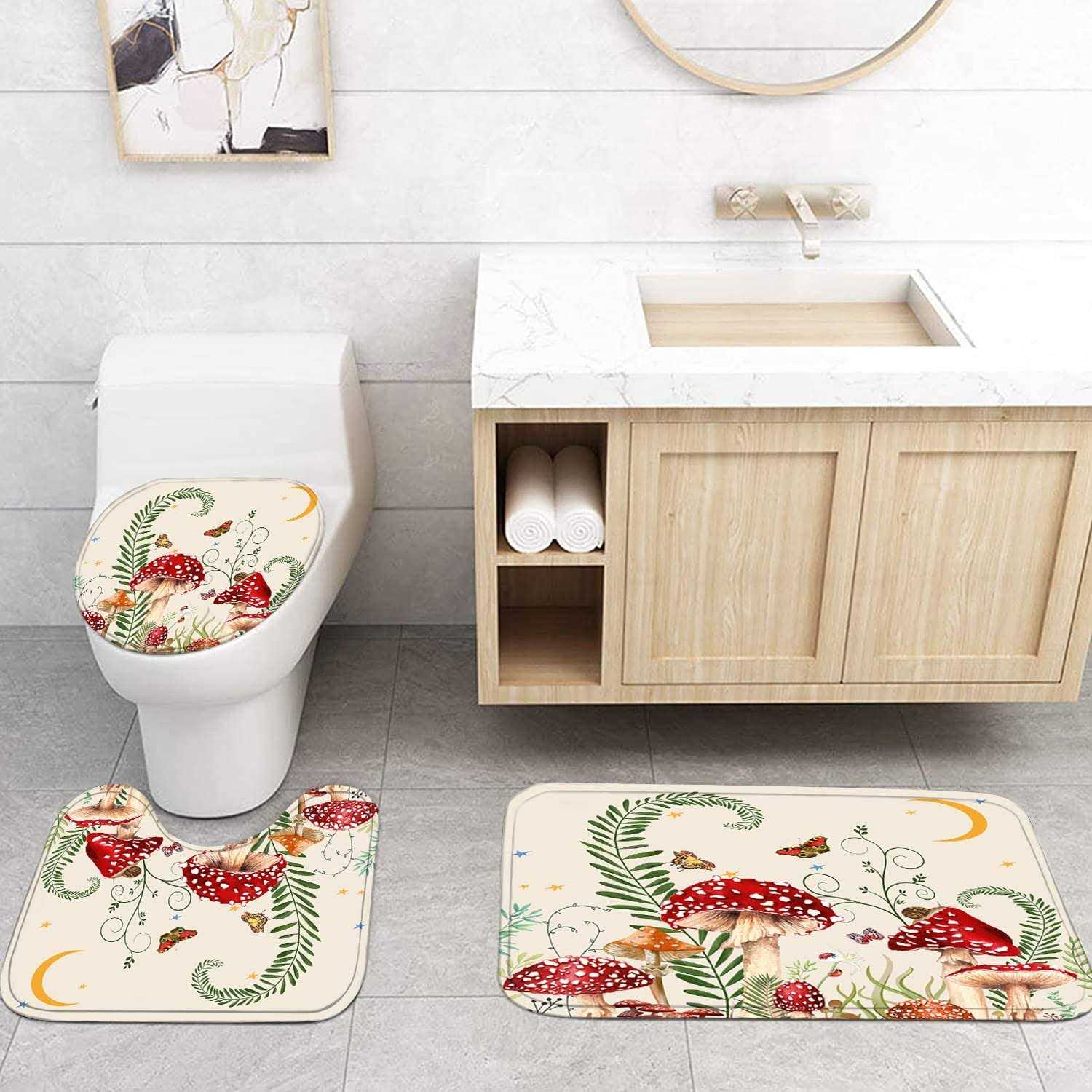 4PCS Mushroom Butterfly Flower Shower Curtain Set with Non-Slip Rugs, Toilet Lid Cover and Bath Mat