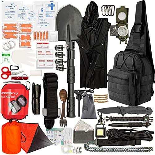 Emergency Survival & First Aid Kit & Tourniquet Go Bag Survival Gears with Compass Flashlight Shovel Fire Starter