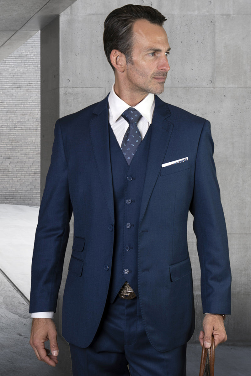 Men’s Designer Two Button Modern Fit Vested Basic Wool Suit in Sapphire Blue