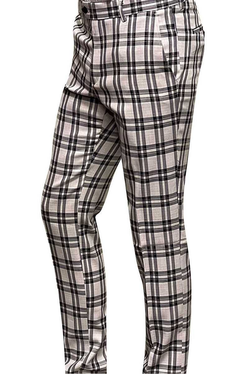 Men’s 100% Wool Slim Fit Flat Front Dress Pant in Black Windowpane Plaid