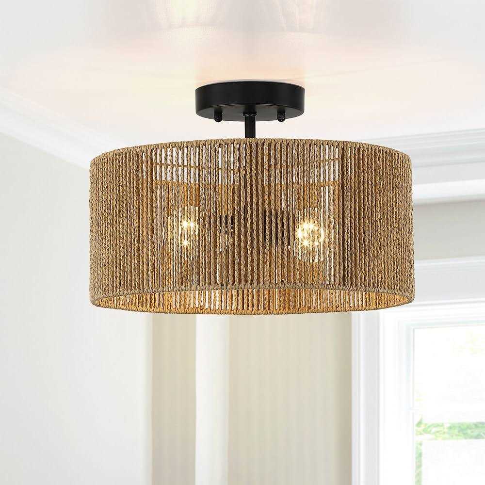True Fine Dorn 2-Light Woven Rope Drum Semi-Flush Mount Ceiling Light