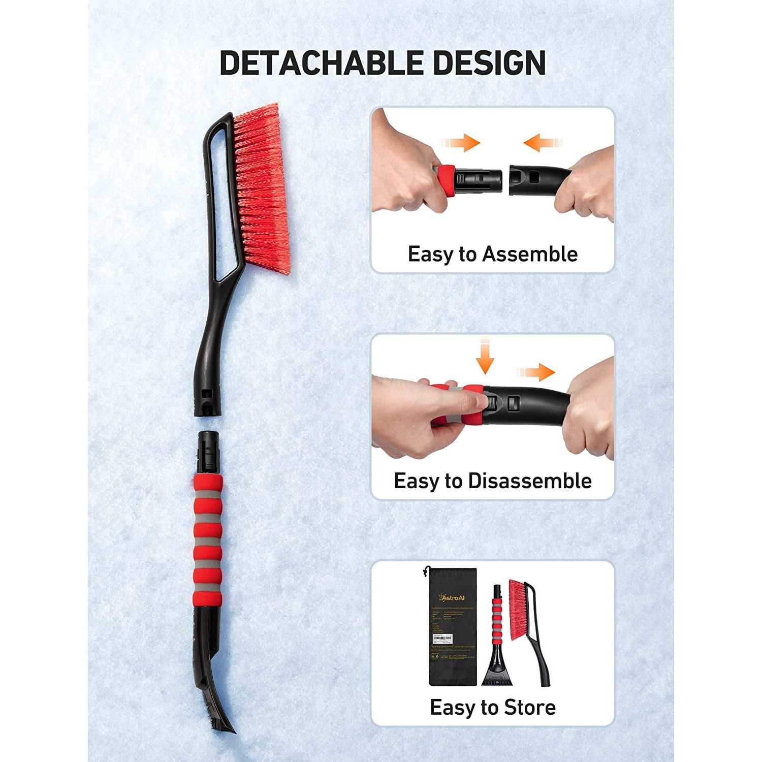 Astroai 27 inch Snow Brush and Detachable Ice Scraper with Ergonomic Foam Grip for Cars