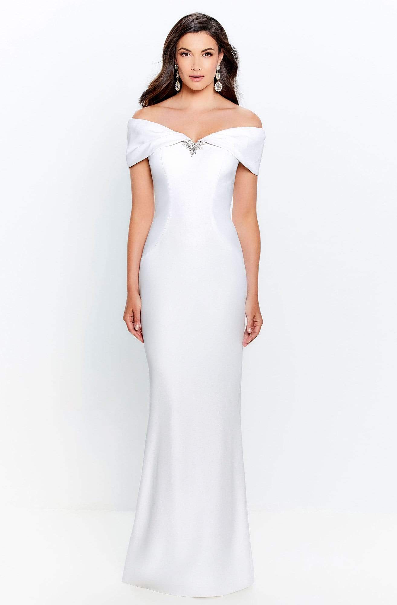 120905 Off Shoulder Brooch Accent Sheath Gown
