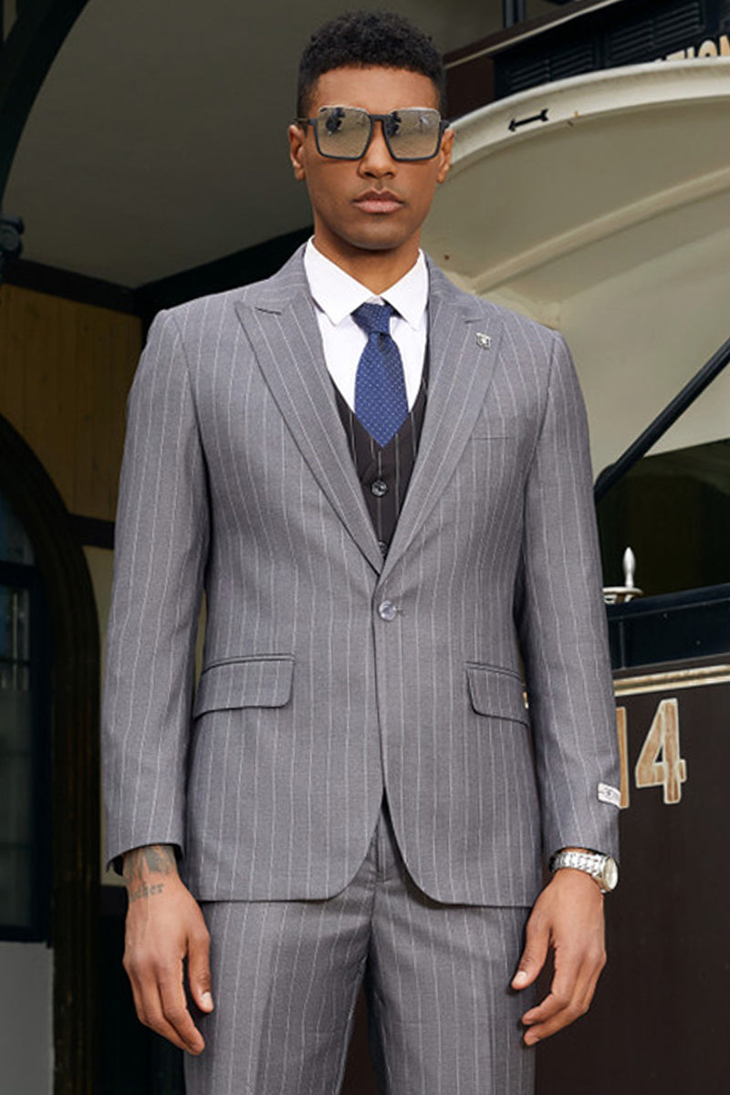 Men’s Stacy Adam’s One Button Vested Modern Suit in Grey Pinstripe