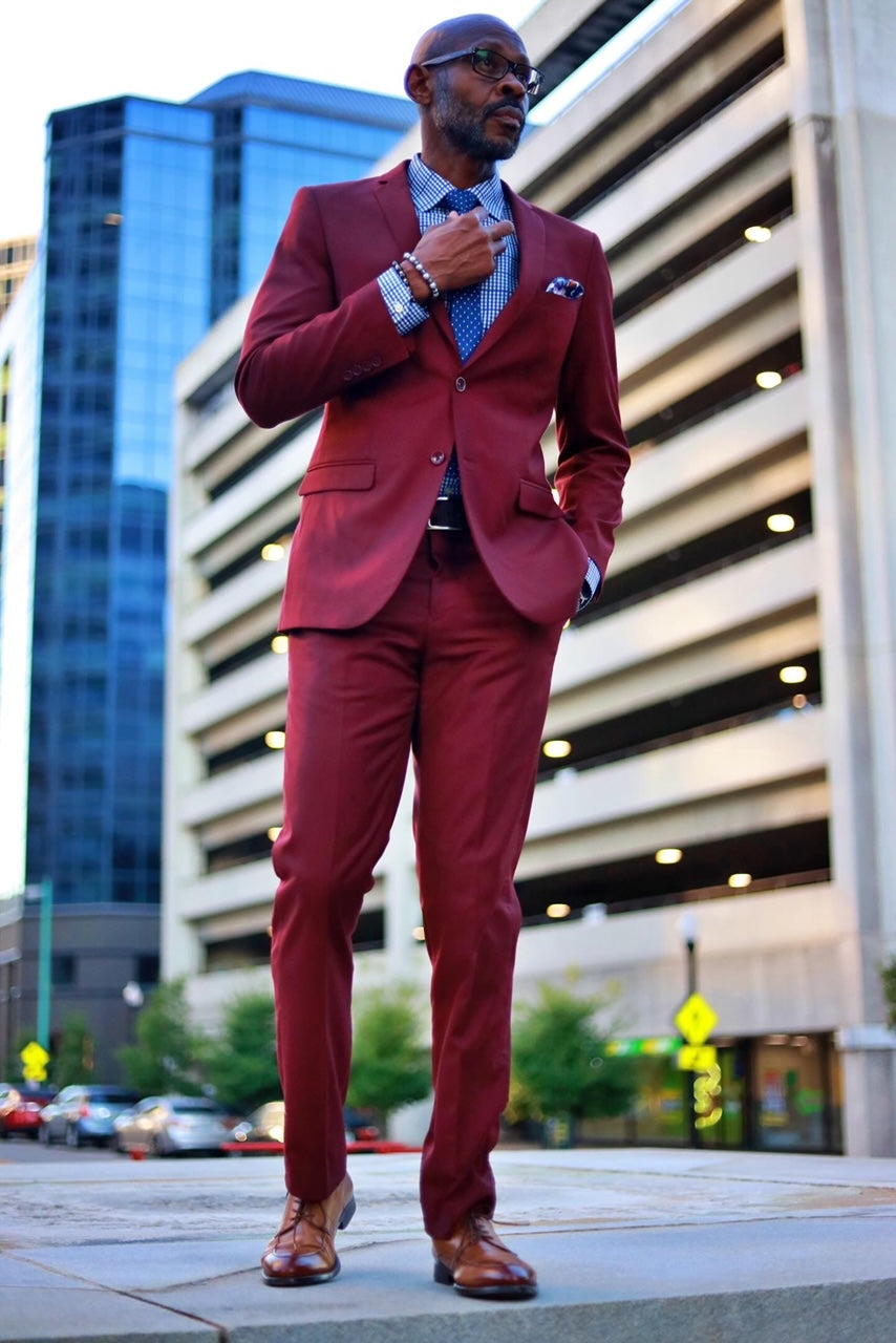 Men’s Basic 2 Button Slim Fit Wedding Suit in Burgundy