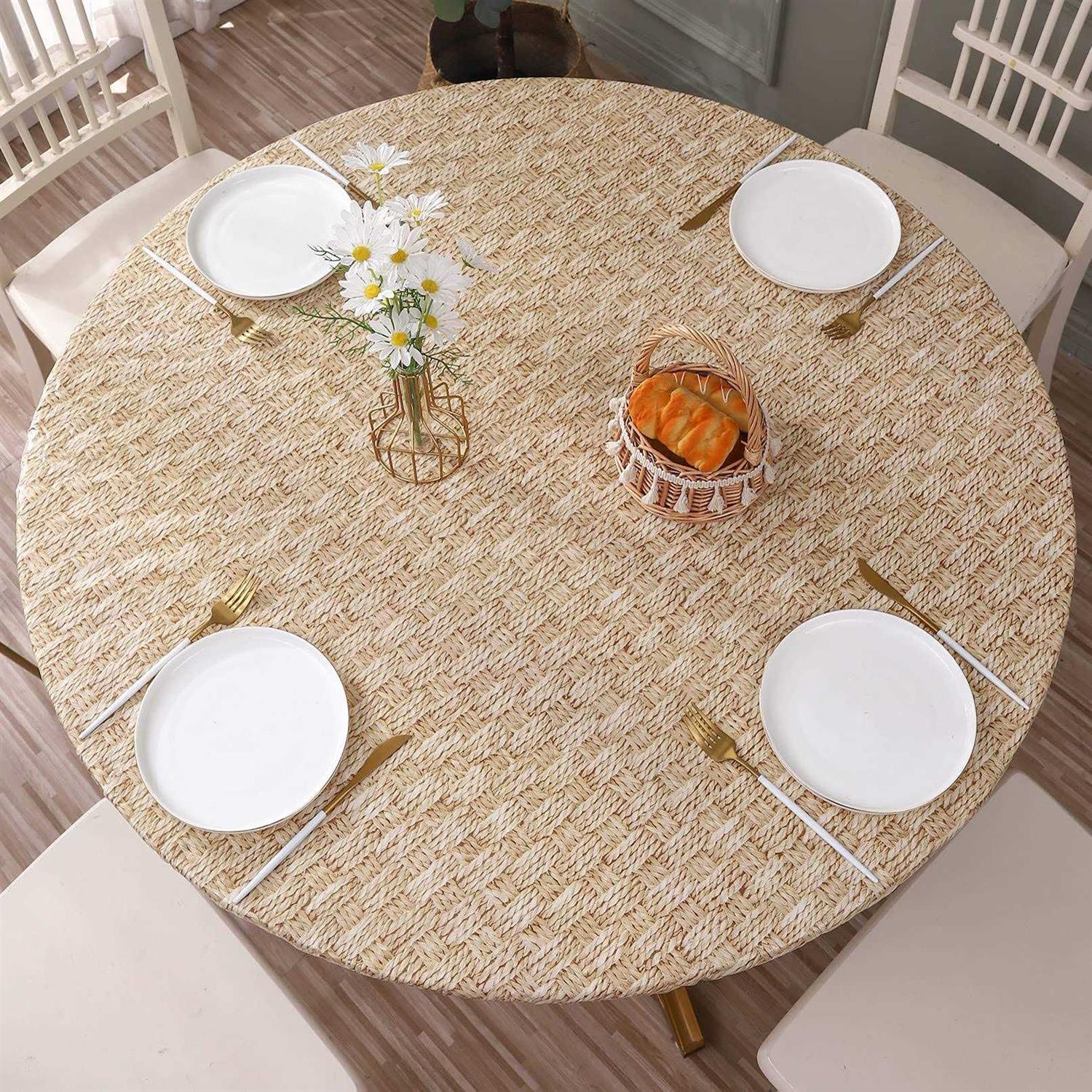 Walrus Round Vinyl Fitted Tablecloth with Flannel Backing Elastic Edge Design Table Cover Waterproof Oil-Proof PVC Table Cloth Stain-Resistant