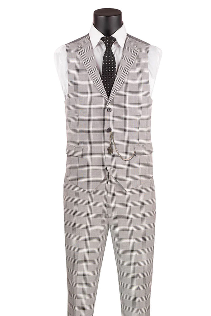 Men’s Slim Fit Vested Glen Plaid Summer Business Suit in Light Grey
