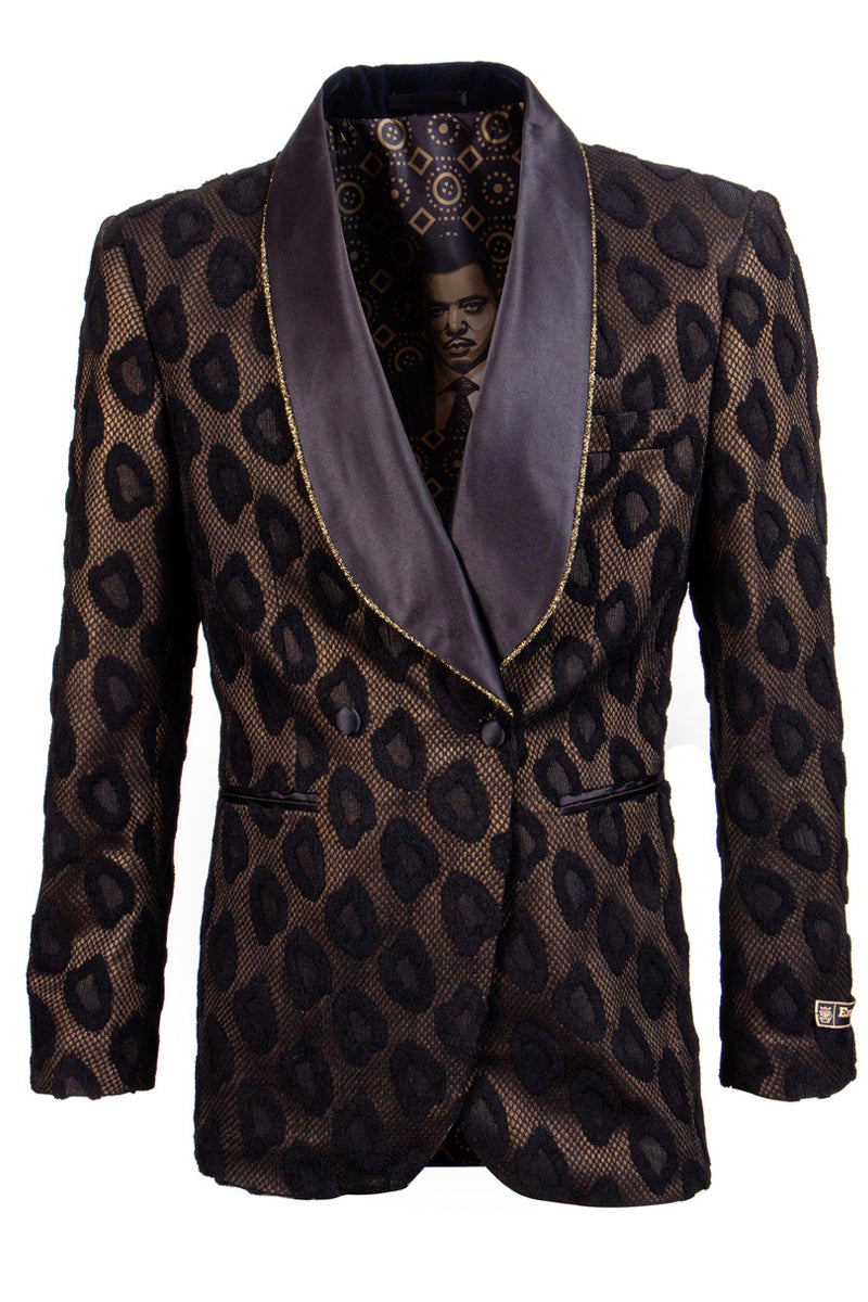 Men’s Double Breasted Cheetah Print Tuxedo Dinner Smoking Jacket in Black & Gold