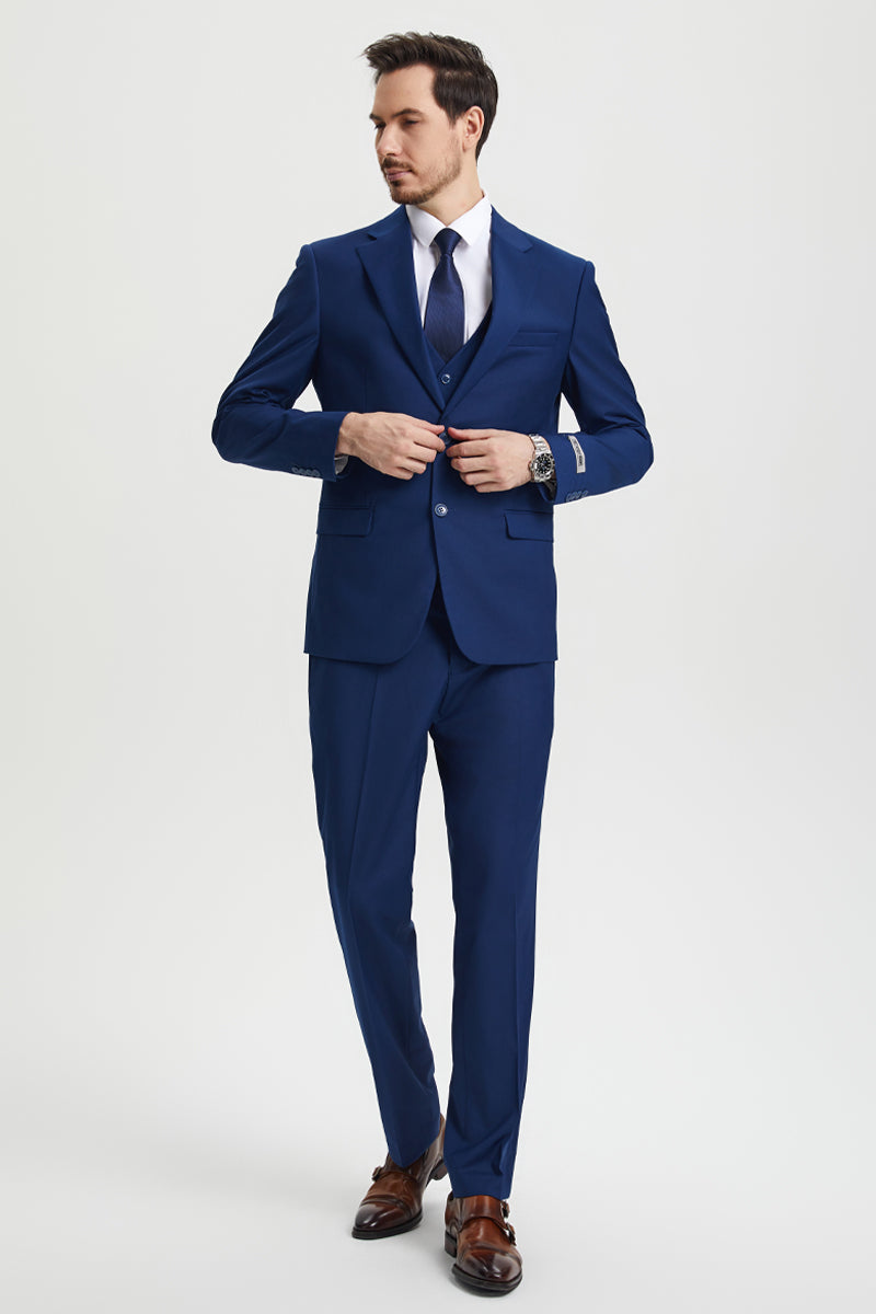 Men’s Two Button Vested Stacy Adams Basic Designer Suit in Indigo Blue