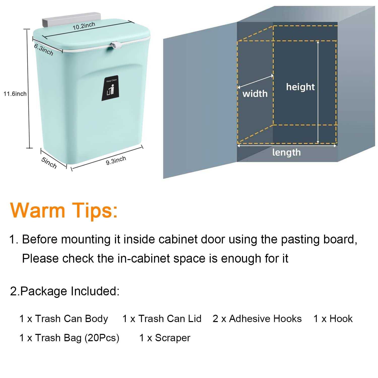 Tiyafuro 2.4 Gallon Kitchen Compost Bin for Counter Top or Under Sink Hanging Small Trash Can with Lid for Cupboard/bathroom/bedroom/office/camping