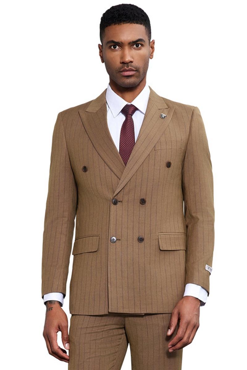 Men’s Stacy Adams Double Breasted Pinstripe Suit in Camel