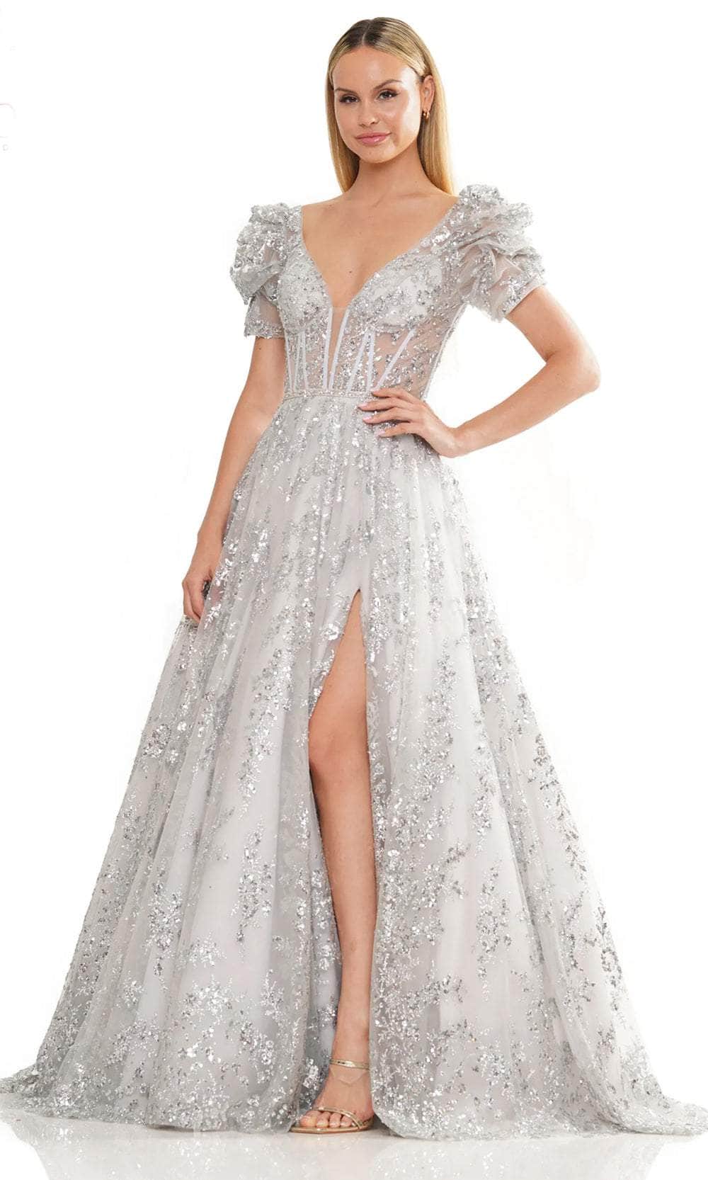 Puff Sleeve Glitter Prom Dress