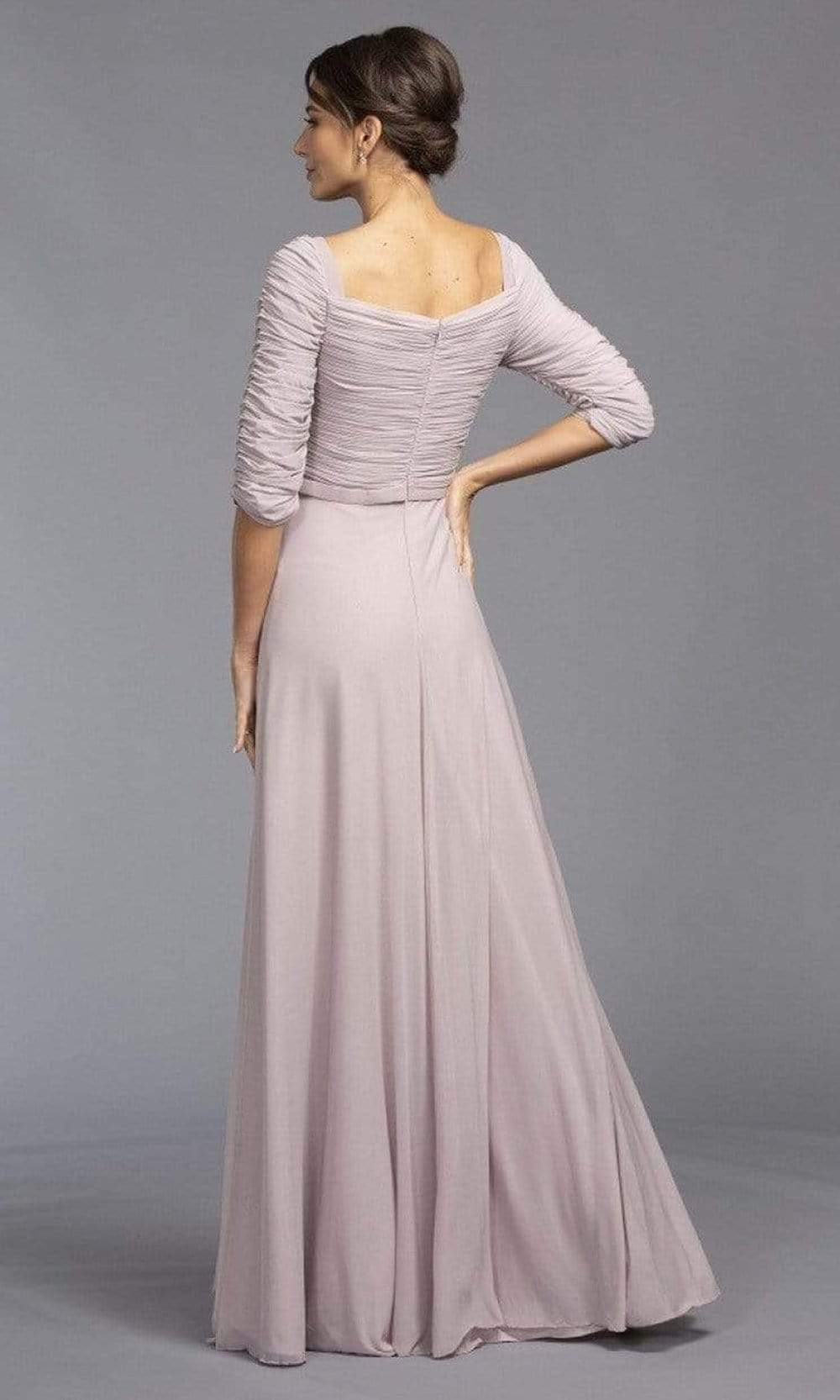 M2195 Shirred Brooch Accented Chiffon Dress