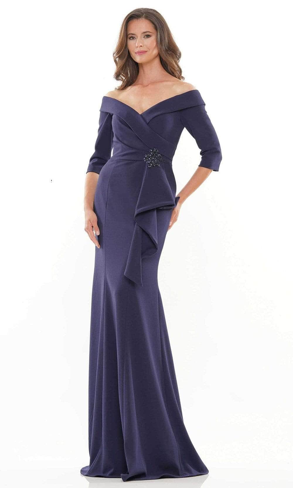 RD2733 Brooch Accented Off-Shoulder Prom Gown
