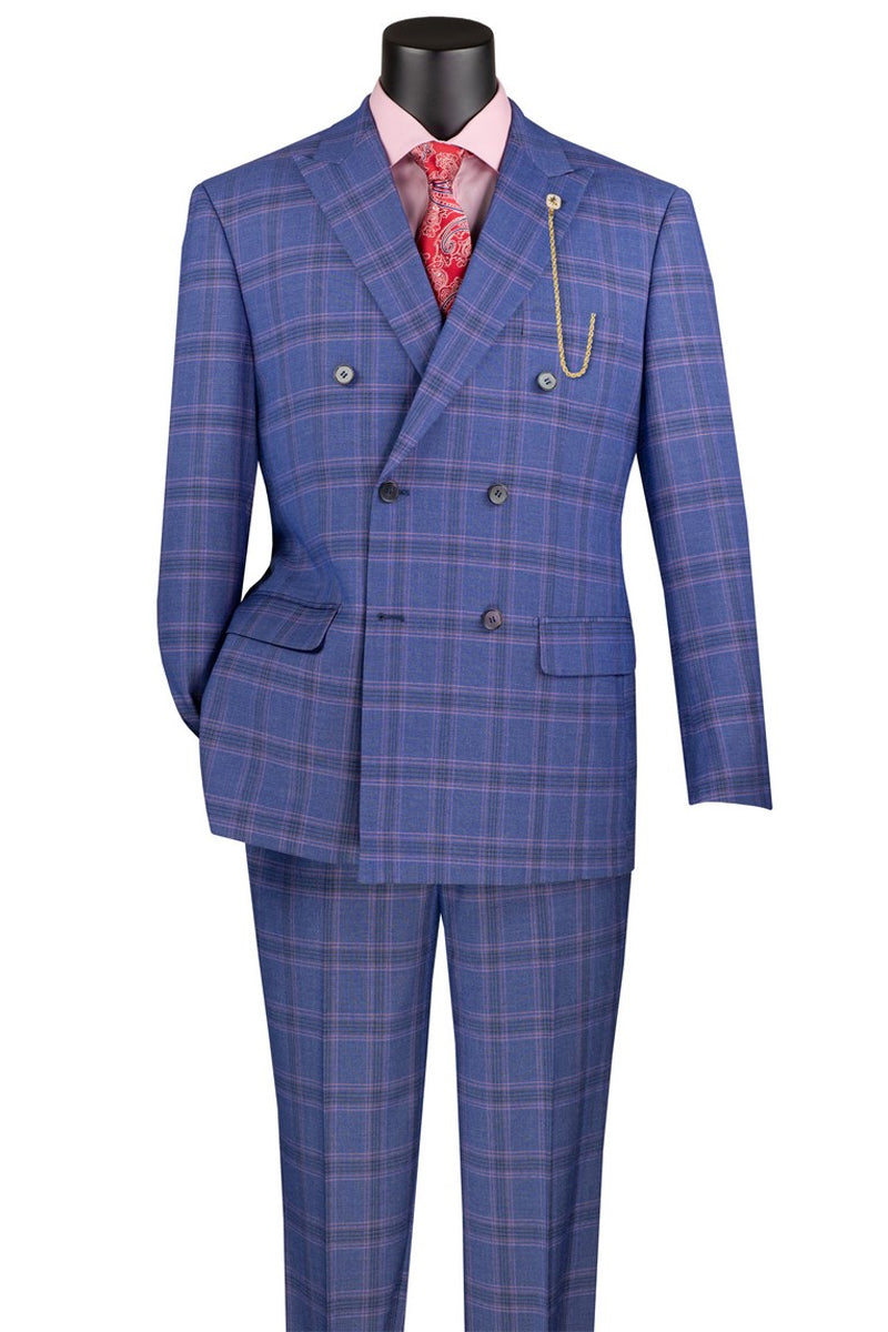 Men’s Modern Fit Double Breasted Stretch Suit in Blue Glen Plaid