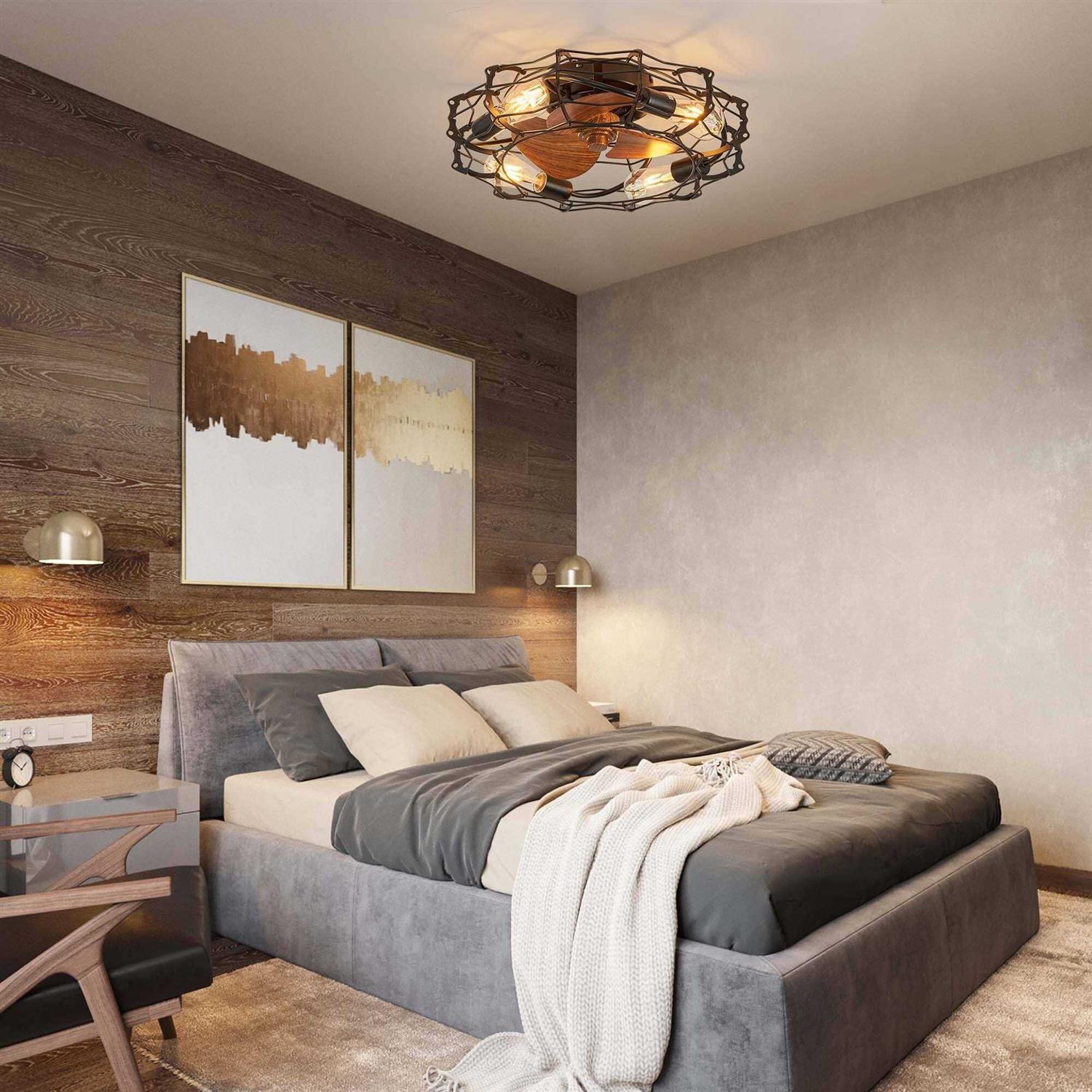 20 in. Flush Mount Ceiling Fan Light with Remote Cage Farmhouse Fandelier Black Wood Low Profile Ceiling Fan