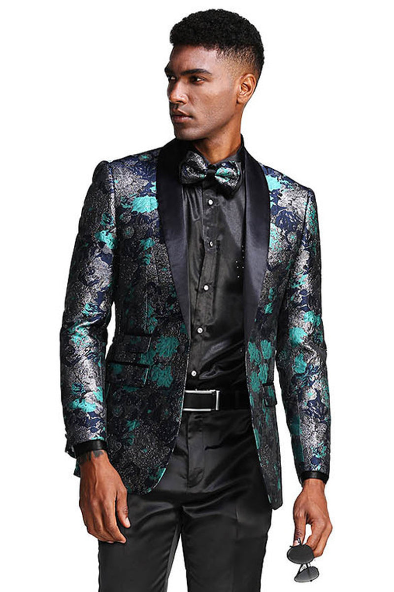 Men’s Slim Fit Shawl Lapel Paisley Floral Prom Tuxedo in Turquoise & Navy Blue