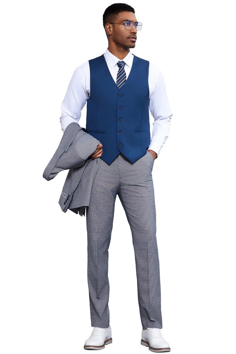 Men’s Stacy Adams One Button Peak Lapel Vested Micro Check in Light Blue with a French Blue Vest