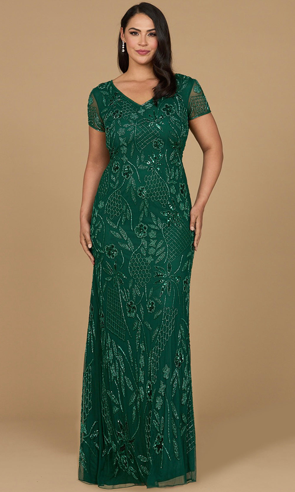 Floral Beaded Short Sleeve Evening Dress