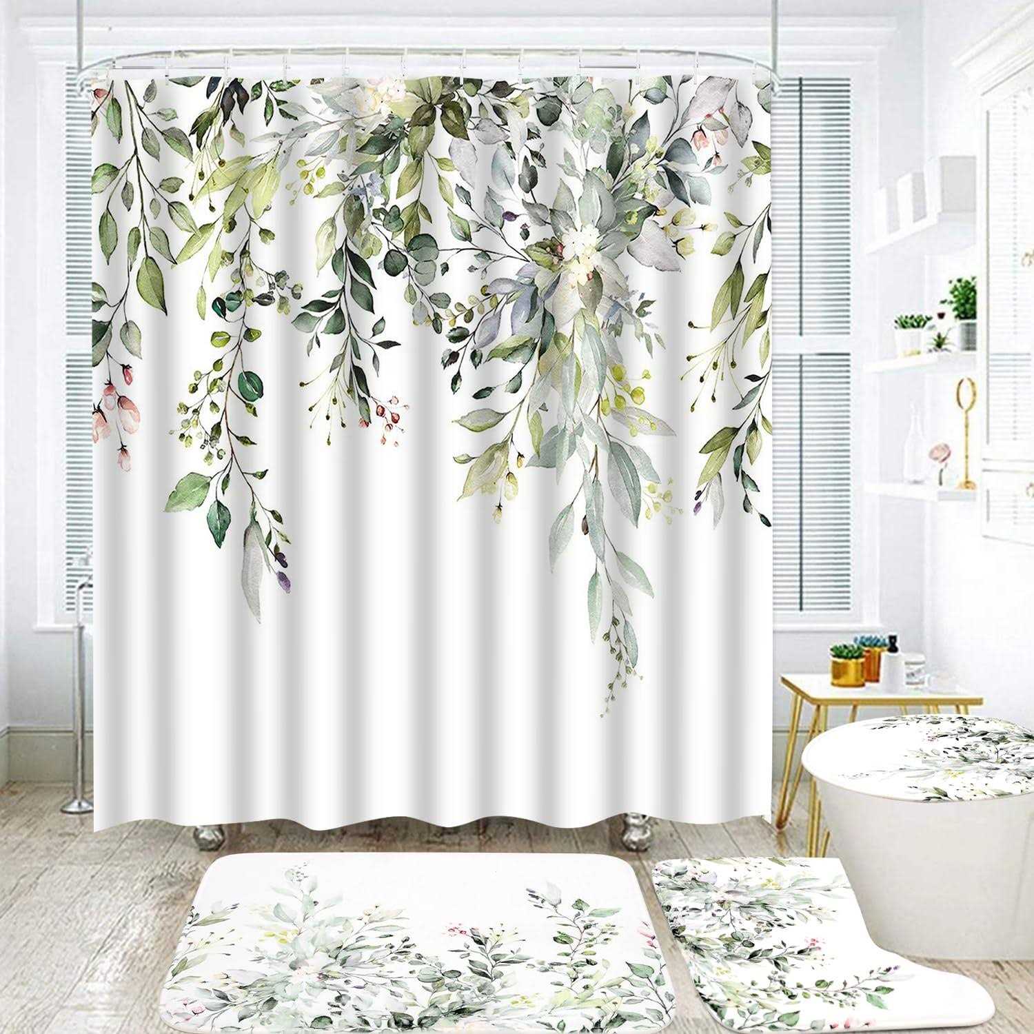 4Pcs Sage Green Eucalyptus Shower Curtain Set, Bathroom Sets with Shower Curtain and Rugs