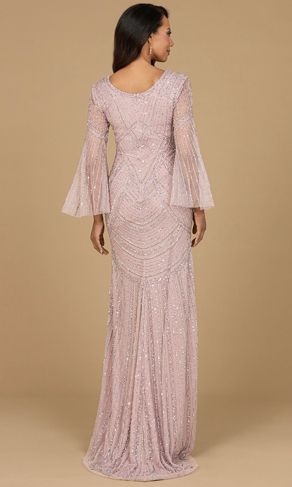 Geometric Beaded Bell Sleeve Formal Dress