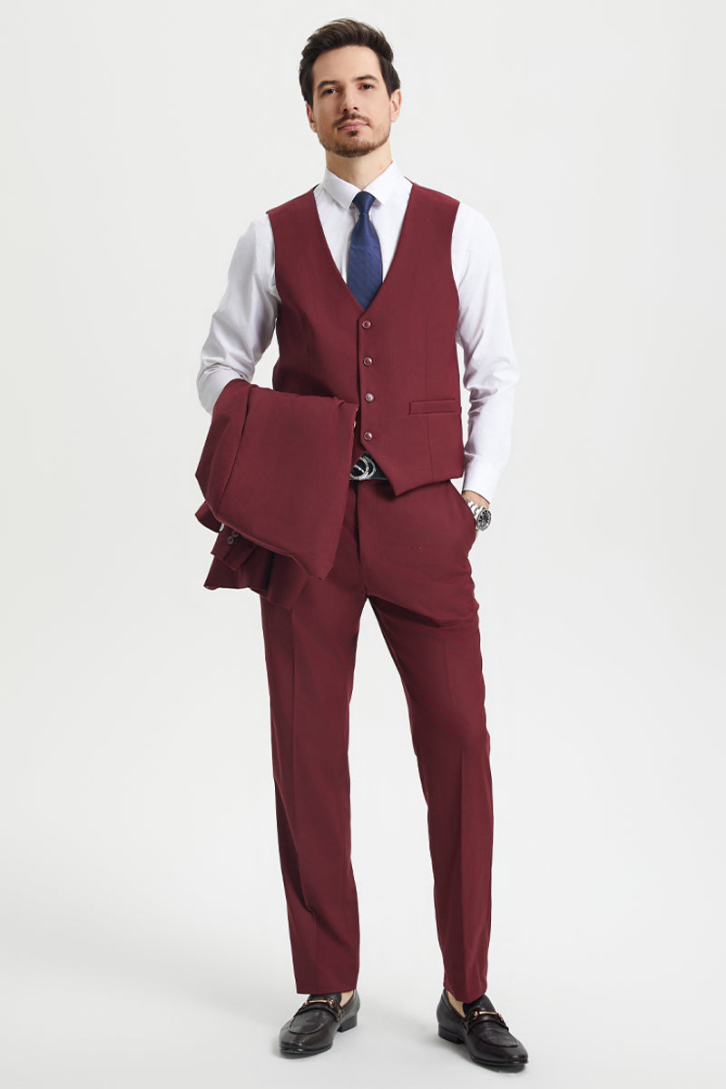 Men’s Two Button Vested Stacy Adams Basic Designer Suit in Burgundy