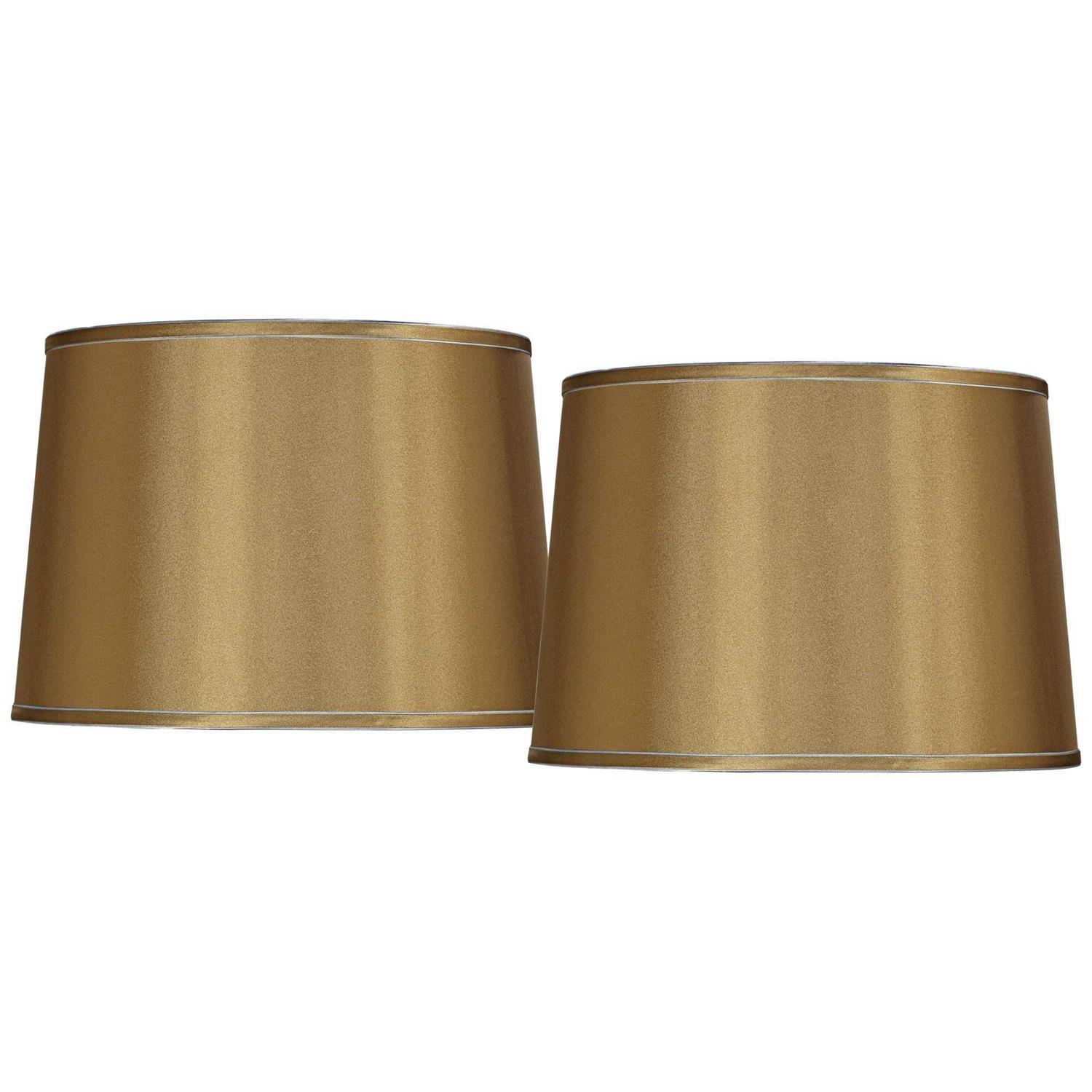 Springcrest Set of 2 Drum Lamp Shades Satin Gold Medium 14 Top x 16 Bottom x 11 High Spider with Replacement Harp and Finial Fitting