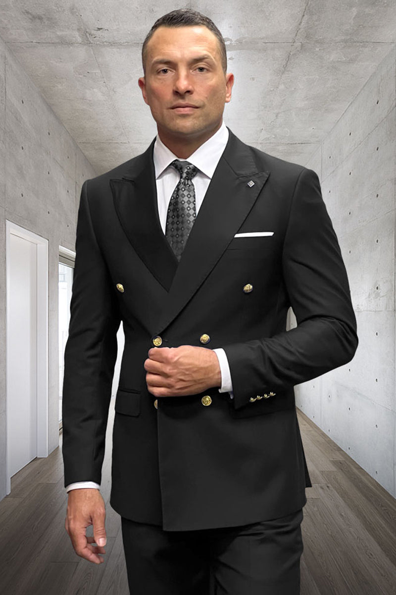 Men’s Designer Modern Fit Double Breasted Wool Suit with Gold Buttons in Black