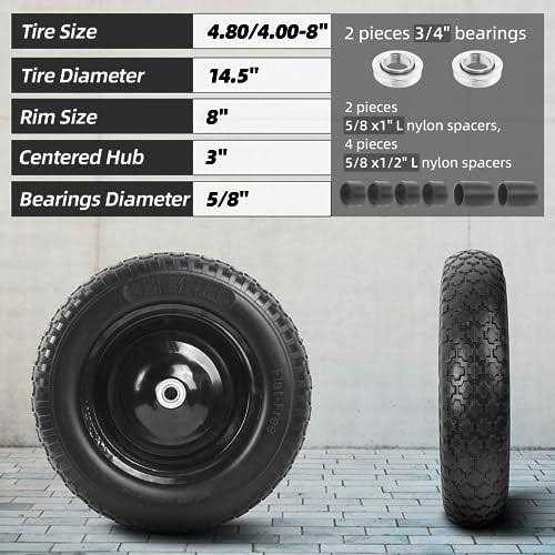 AR-PRO 4.80/4.00-8 Flat Free Tire 14.5”D x 3.2”W Universal Solid Wheelbarrow Tire with 3” Hub and 5/8” Bearings – Extra Adapter kit includes 3/4”