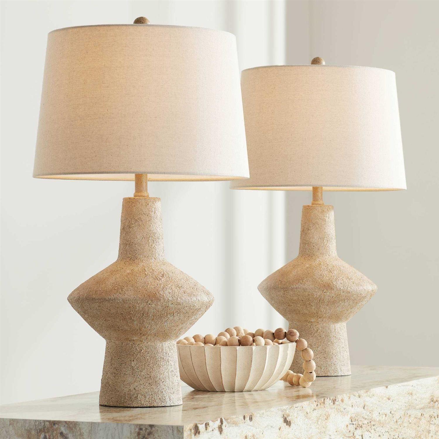 360 Lighting Cozumel 26 3/4 Tall Geometric Rustic Mid Century Modern Coastal Table Lamps Set of 2 Beige Living Room Bedroom Bedside Off-White Shade