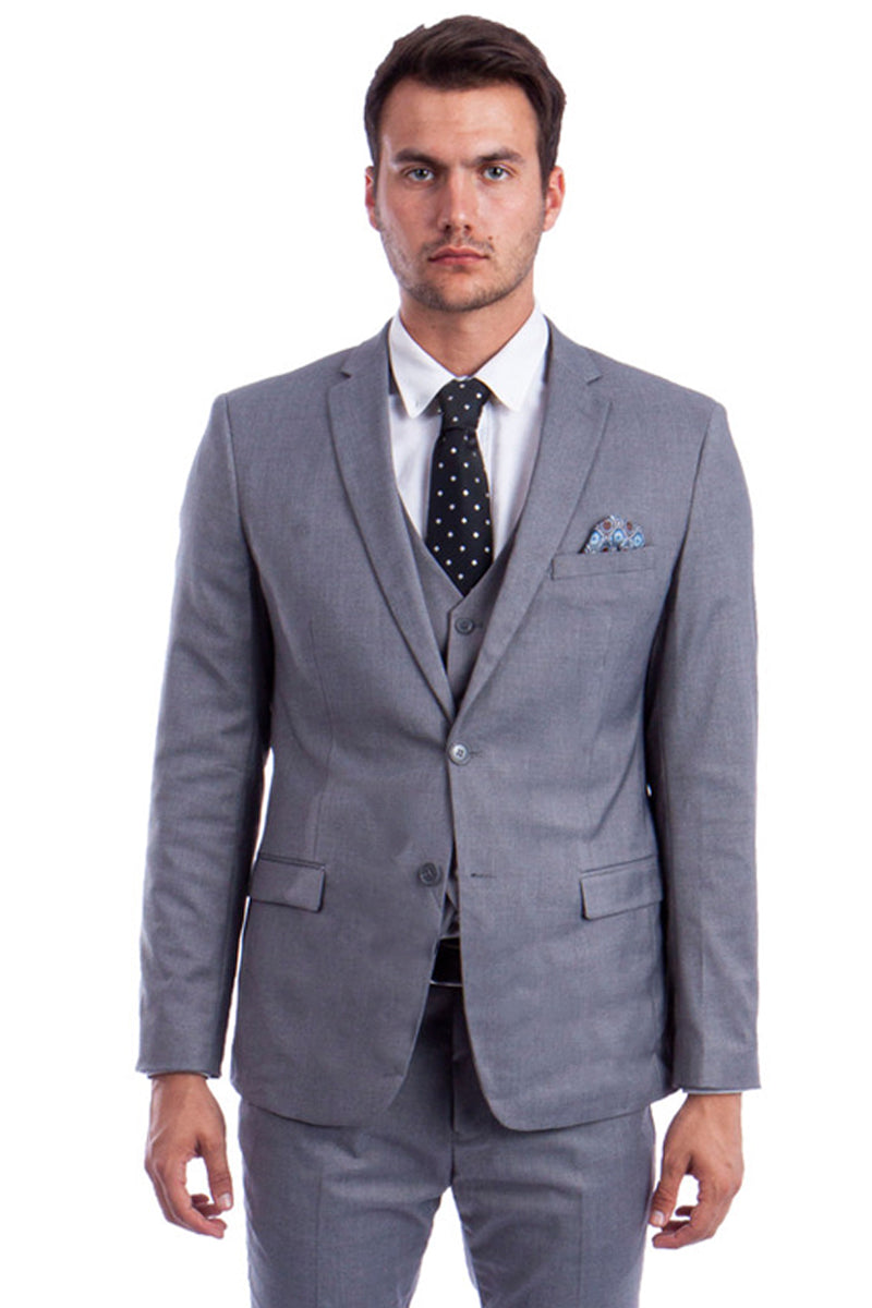 Men’s Two Button Slim Fit Vested Solid Basic Color Suit in Medium Grey