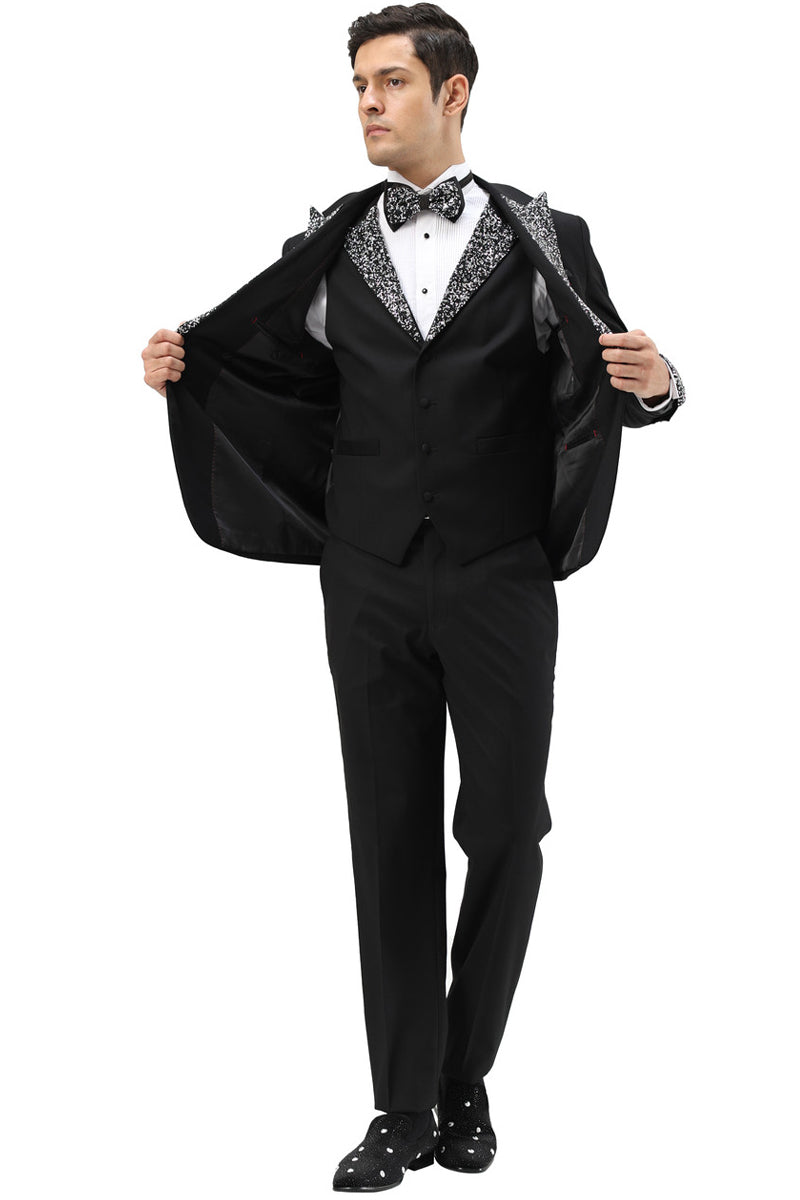 Men’s One Button Rhinestone Peak Lapel Vested Prom Tuxedo in Black