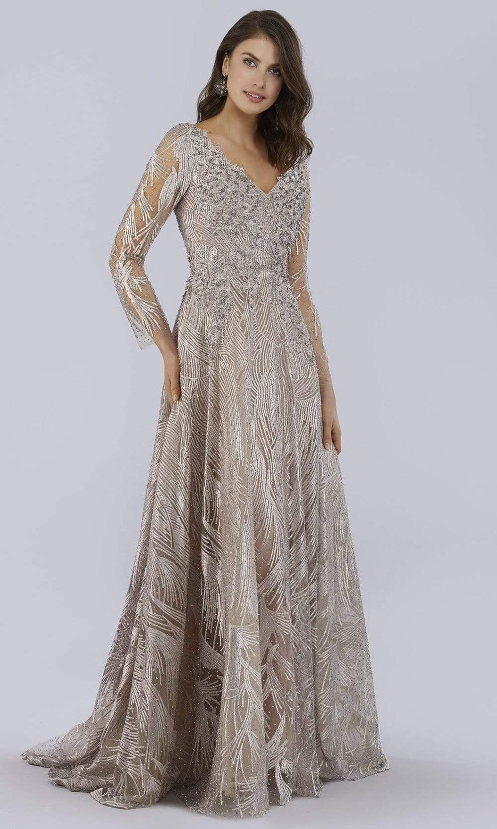 29753 V Neck Long Sleeves Beaded Embroidered Gown
