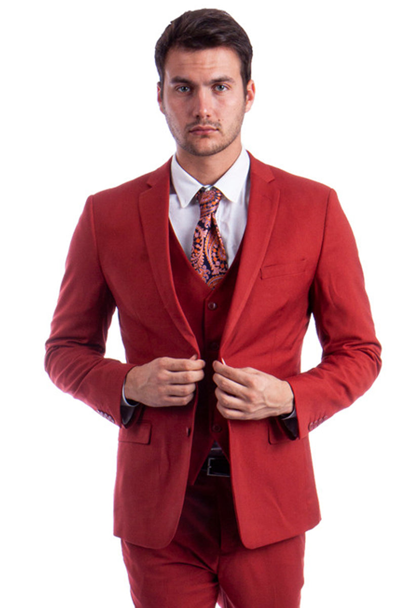 Men’s Two Button Slim Fit Vested Solid Basic Color Suit in Brick