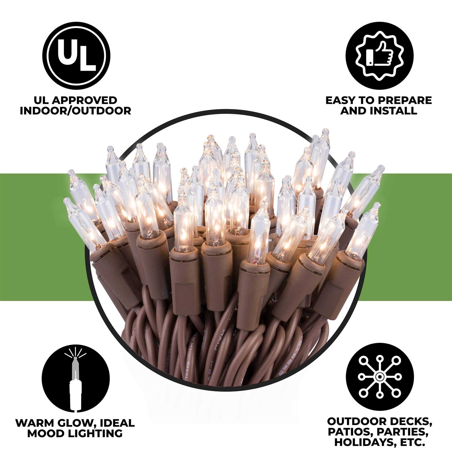 612 Vermont Clear Mini Christmas String Lights on Brown Wire Cord