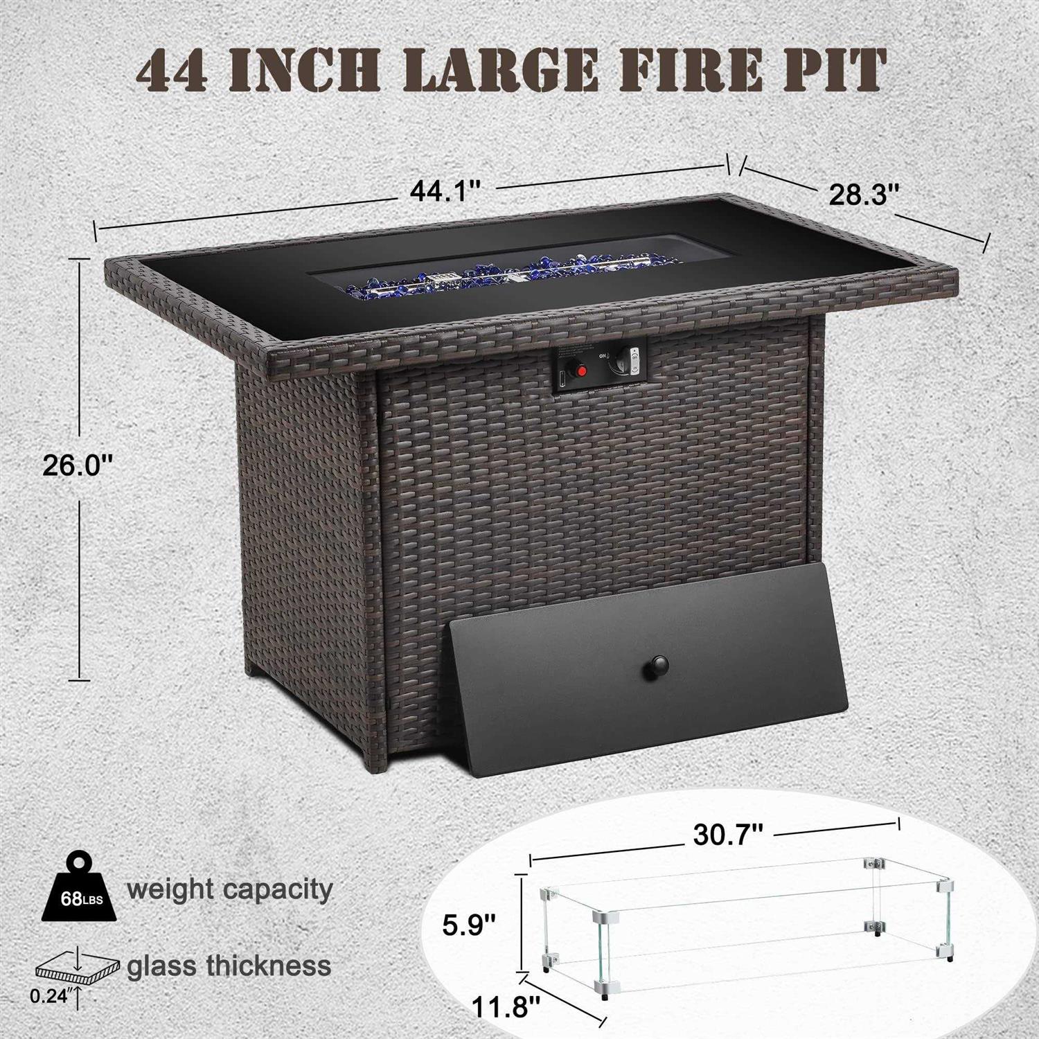 Vakollia Propane Fire Pit Table,44 Inch 55000 BTU Outdoor Gas Fire Pit Rectangular with Glass Wind Guard for Outside Patio Deck