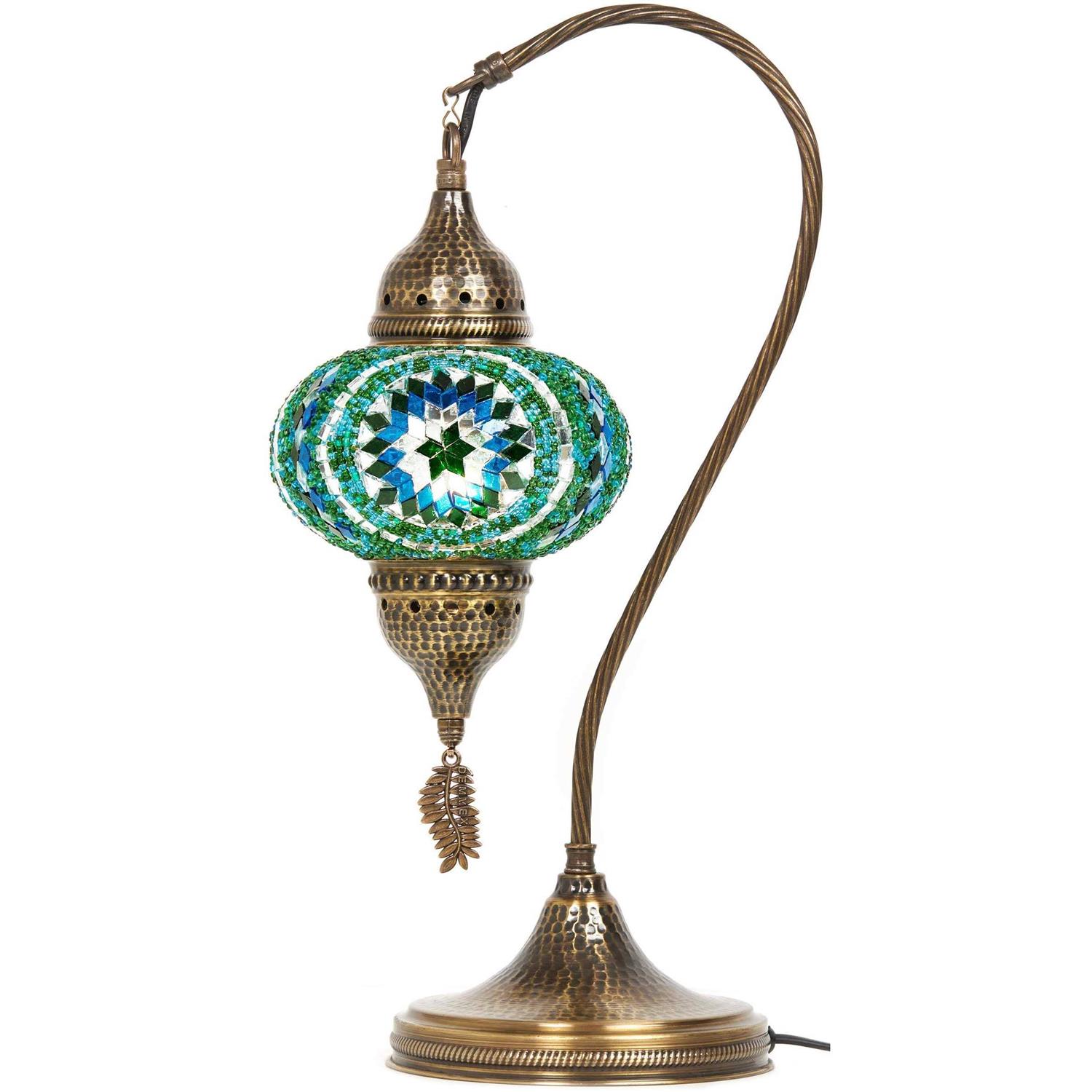 Turkish Moroccan Tiffany Style Handmade Colorful Mosaic Table Desk Bedside Night Swan Neck Lamp Light Lampshade with Metal Body and Hanging Metal