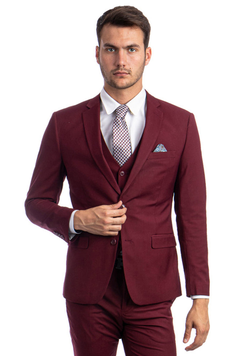 Men’s Two Button Slim Fit Vested Solid Basic Color Suit in Burgundy