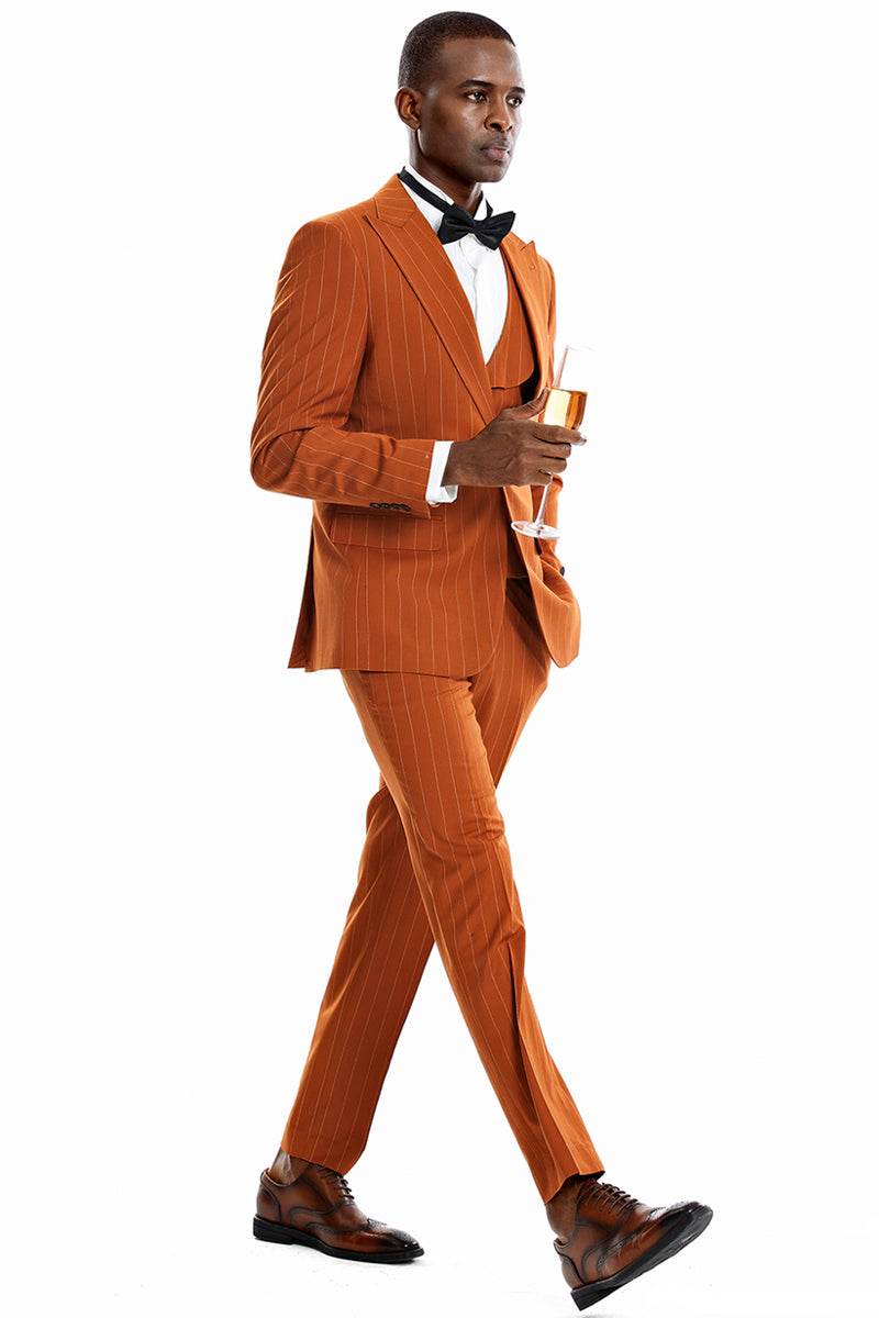 Men’s One Button Vested Wide Peak Lapel Bold Gangster Pinstripe Suit in Orange Rust