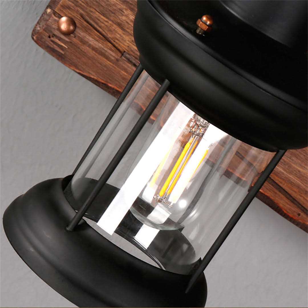 2-Lights Vintage Metal Lantern Wall Lamp With Wood Backplate And Glass Lampshade FRONG