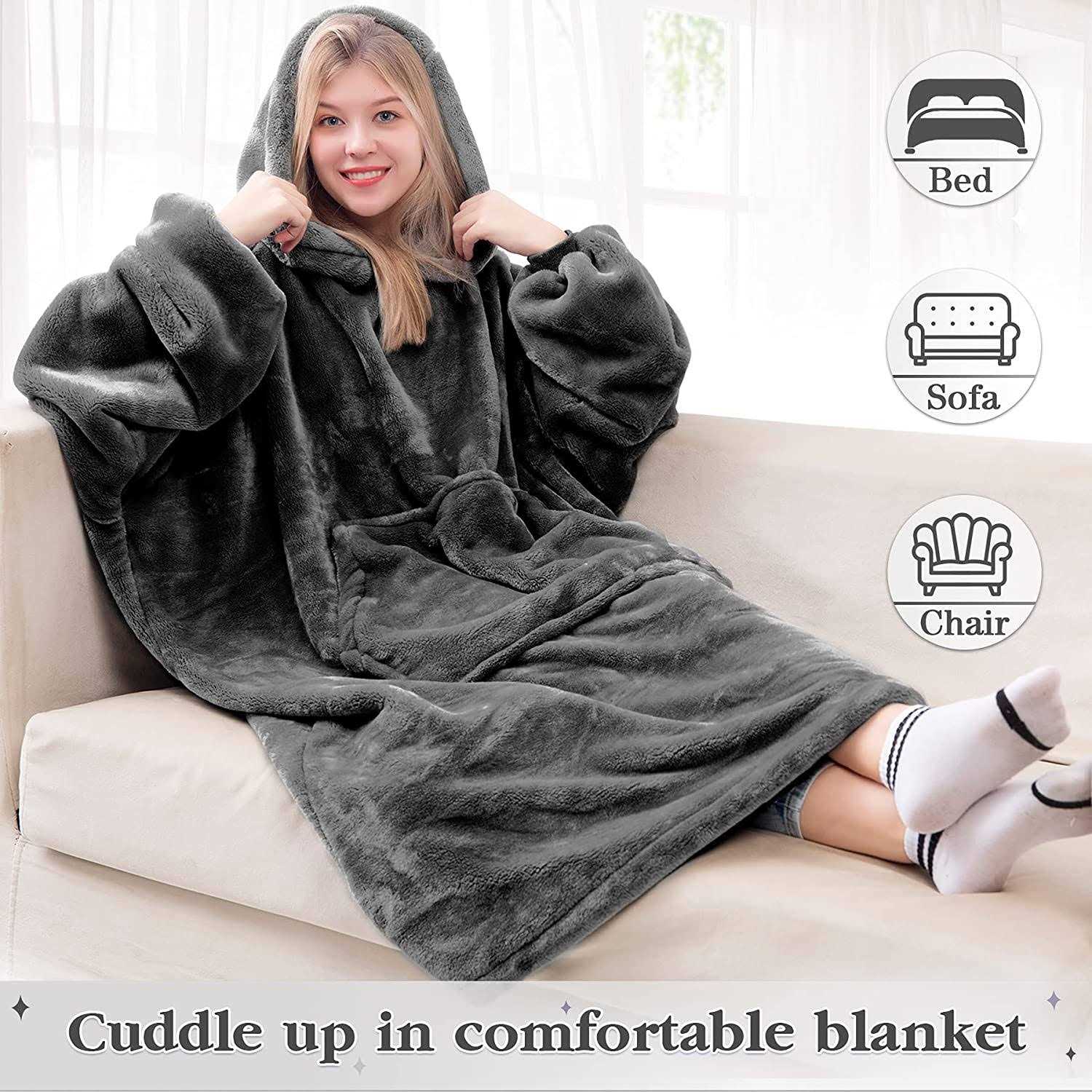 Waitu Wearable Blanket Sweatshirt Gifts for Women and Men, Super Warm and Cozy Giant Blanket Hoodie, Thick Flannel Blanket with Sleeves and Giant
