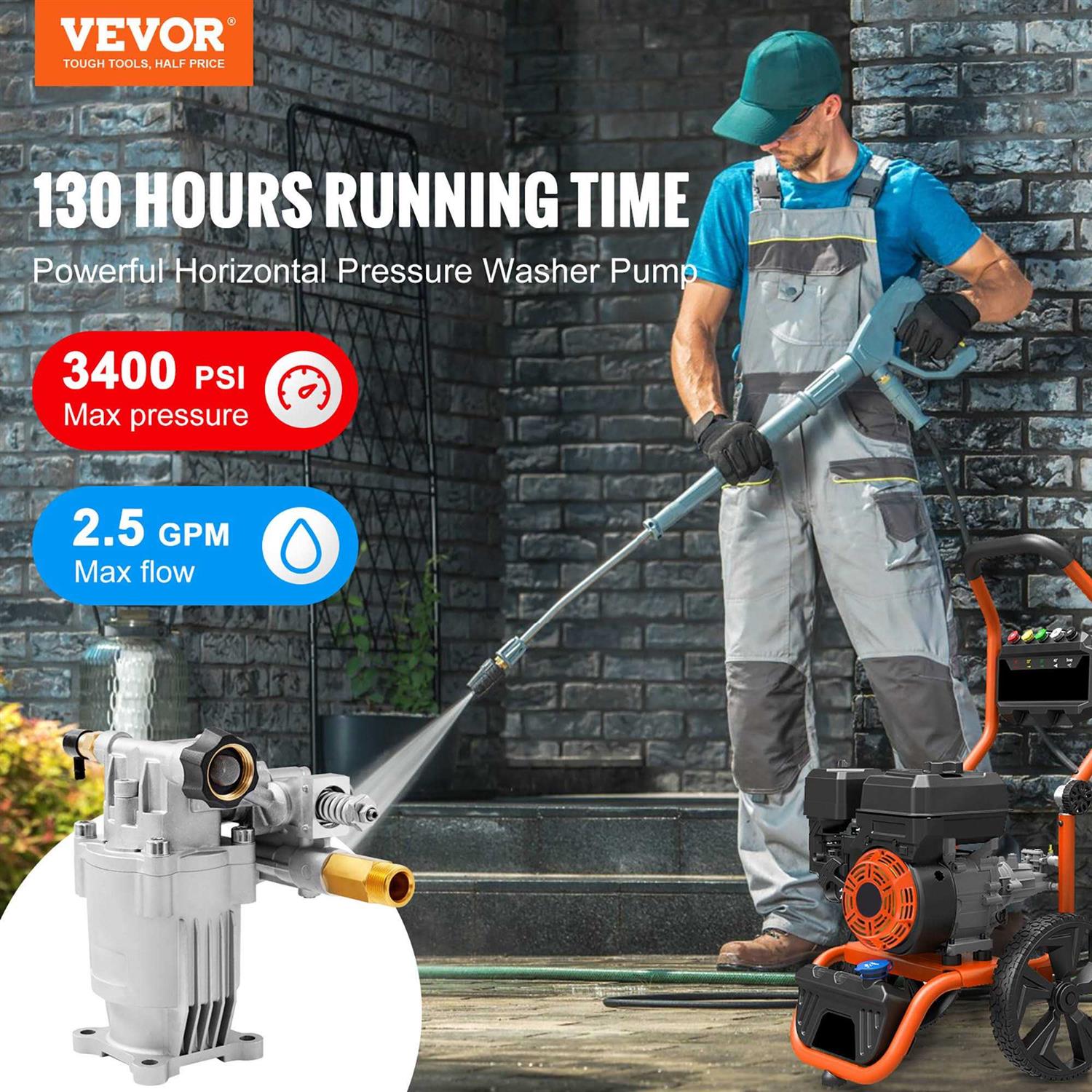 VEVOR Pressure Washer Pump 3/4 Shaft Horizontal 3400 PSI 2.5 Gpm Replacement Power Washer Pumps Kit Parts Washer Pump Compatible with Honda Simpson