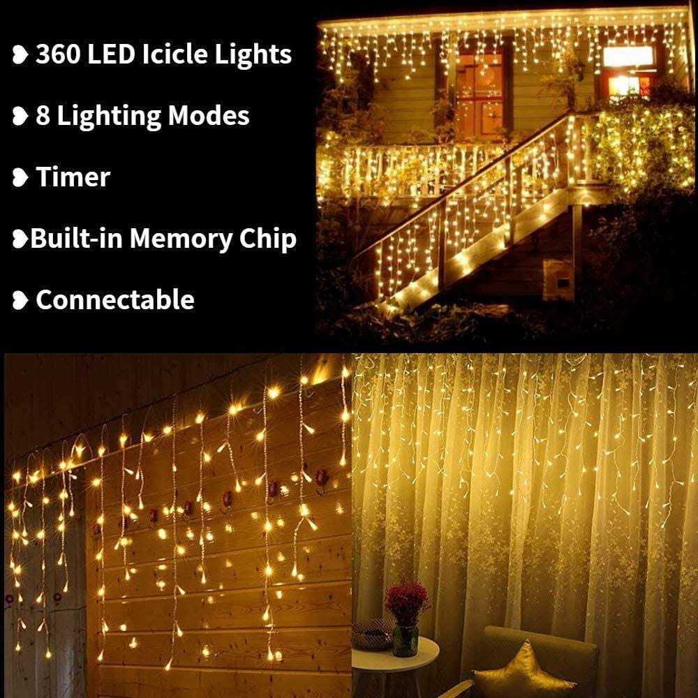 Toodour Christmas Icicle Lights 29.5ft 360 Led 8 Modes Window Curtain Fairy Lights with 60 Drops