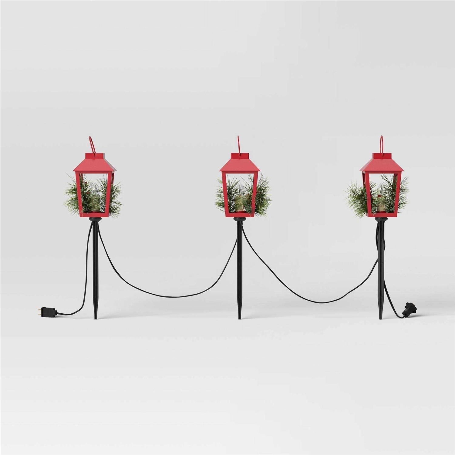 Wondershop 3pc Incandescent Red Metal Lantern with Greenery Christmas Novelty Path Light Clear