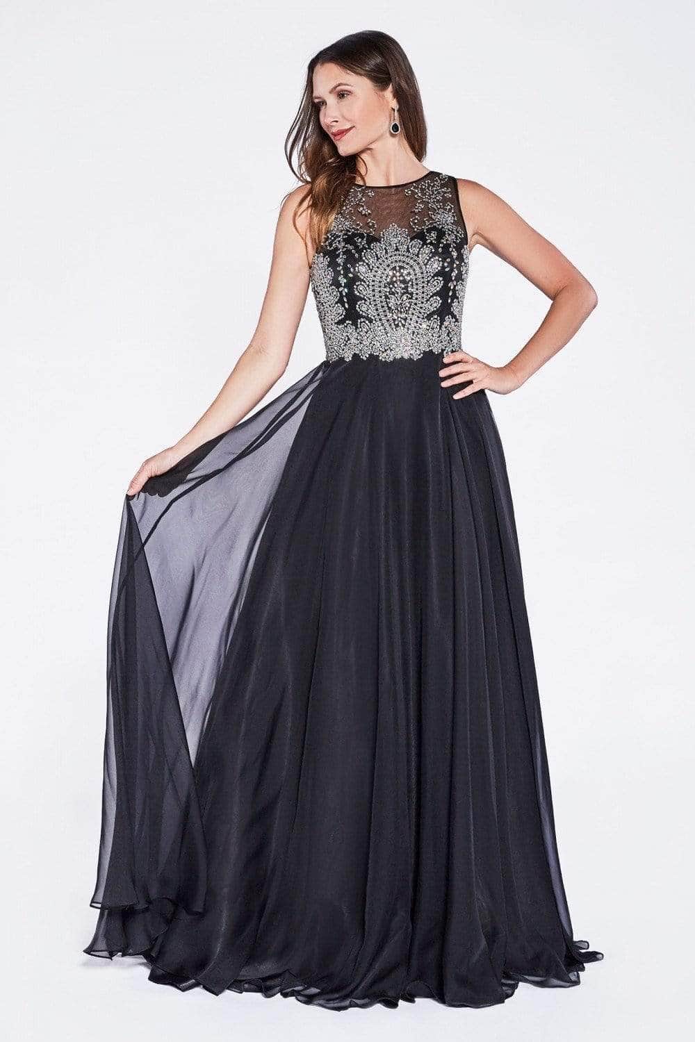 Illusion Metallic Appliqued A-Line Gown